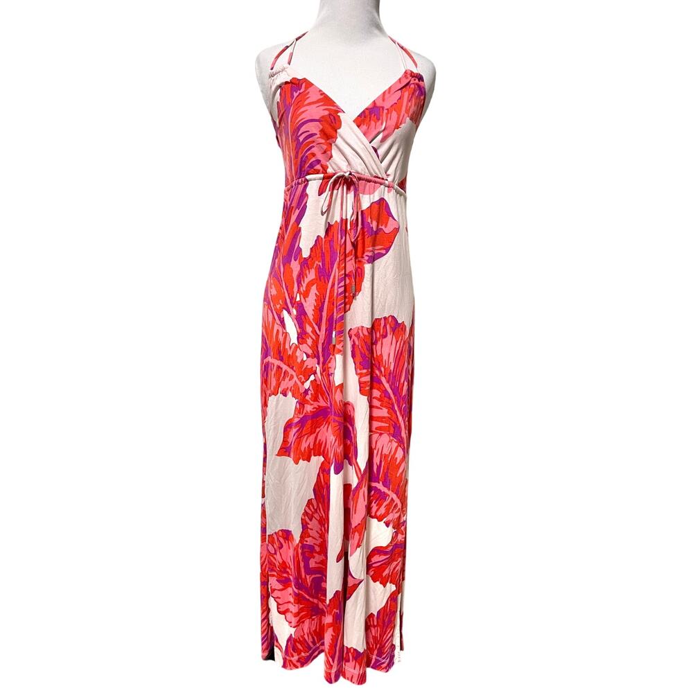 Banana Republic Milly Collection Silk Blend Tropical Halter Maxi Dress XS Pink